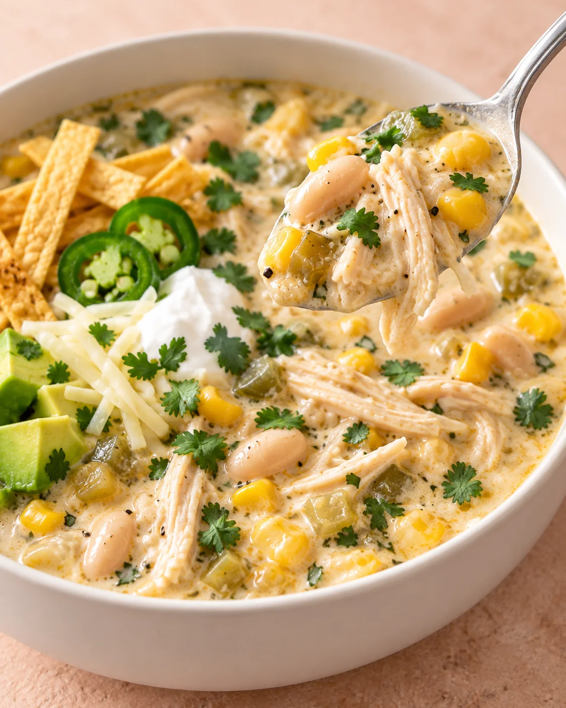 Alternate close-up serving of Crockpot White Chicken Chili (Creamy and Easy)