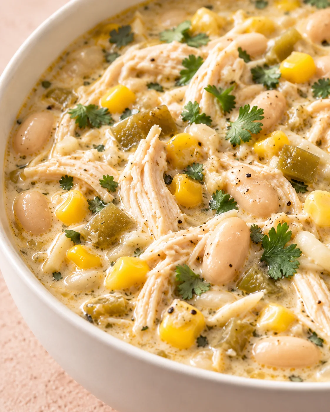 Texture detail showing the crumb and interior of Crockpot White Chicken Chili (Creamy and Easy)