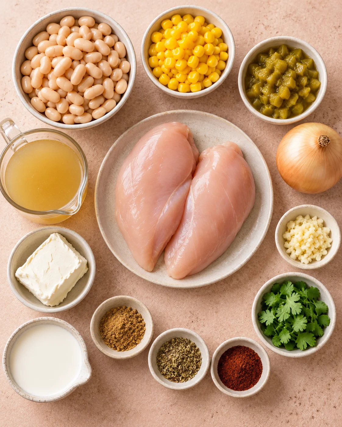 Top-down key ingredients for Crockpot White Chicken Chili (Creamy and Easy)