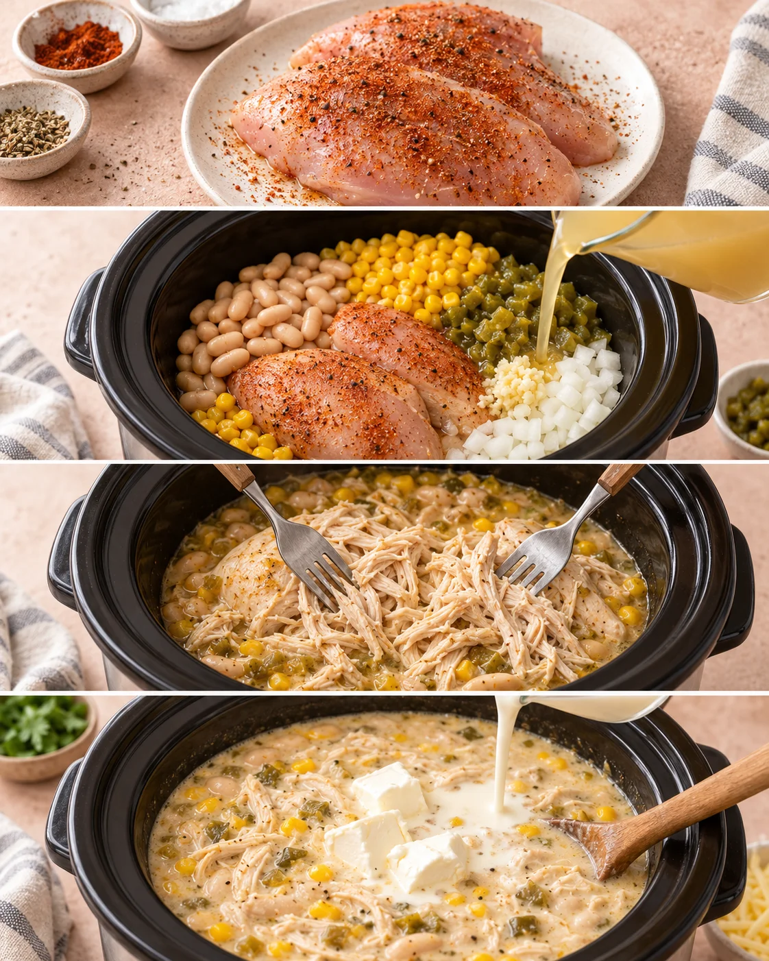 Four-step process showing how to prepare Crockpot White Chicken Chili (Creamy and Easy)