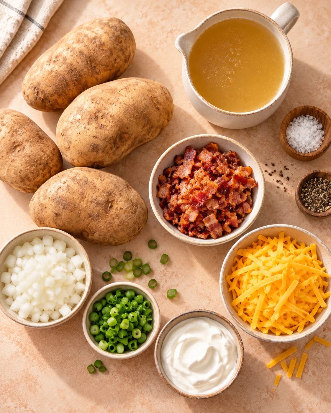 Top-down key ingredients for Easy Crockpot Potato Soup Recipe