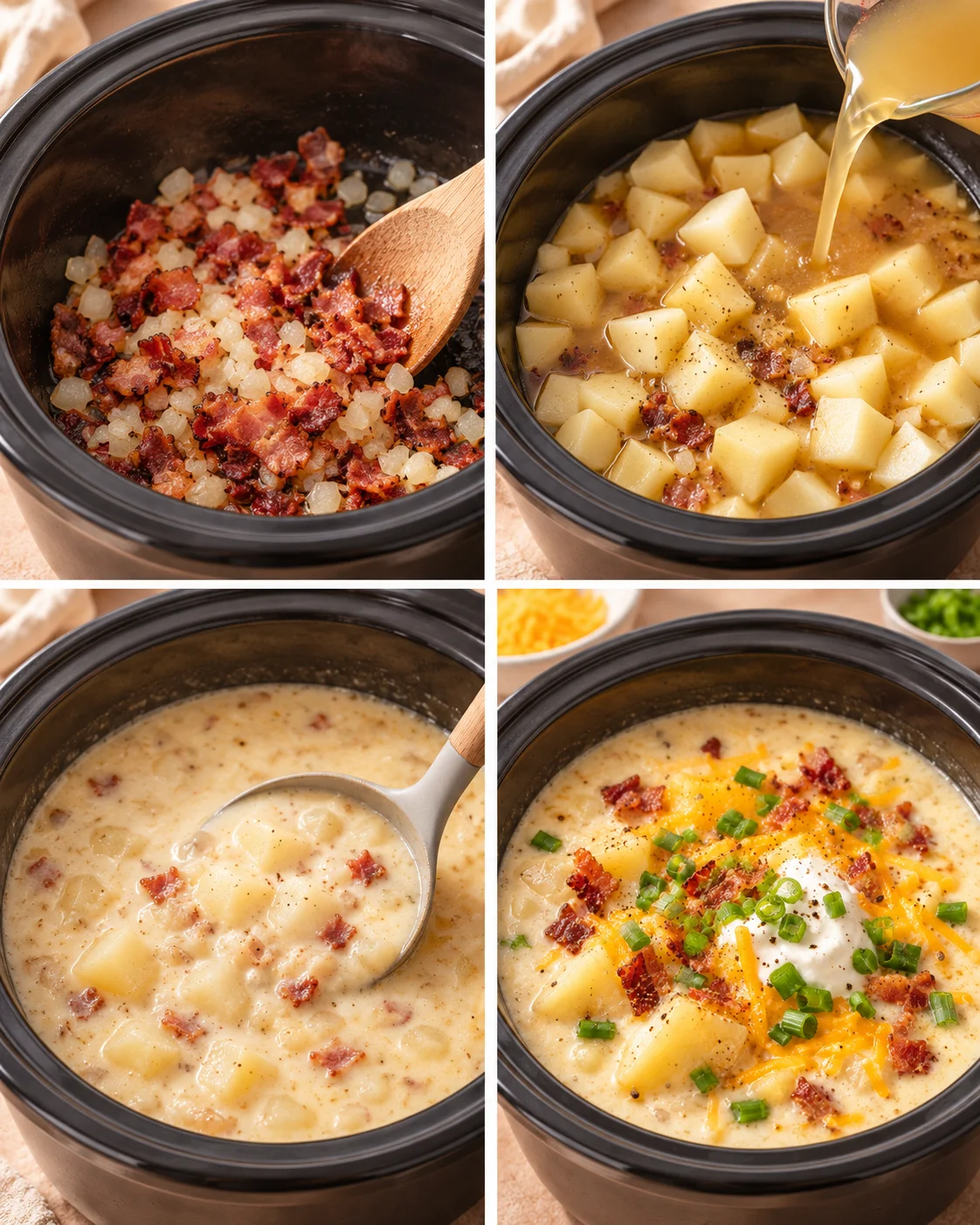 Four-step process showing how to prepare Easy Crockpot Potato Soup Recipe