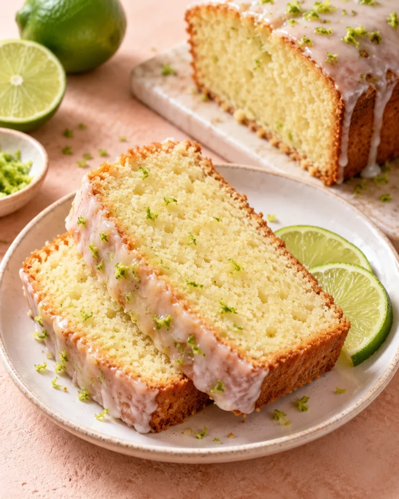 Alternate plated angle of homemade lime cake with lime slices