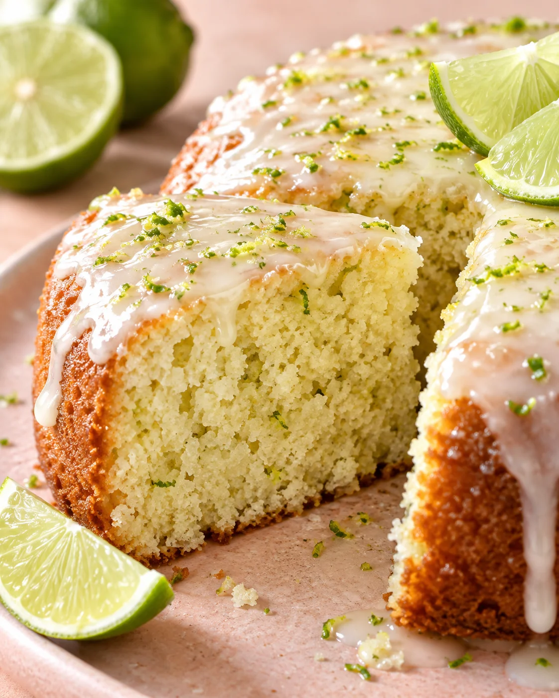 Texture close-up showing the tender lime cake crumb and glossy glaze
