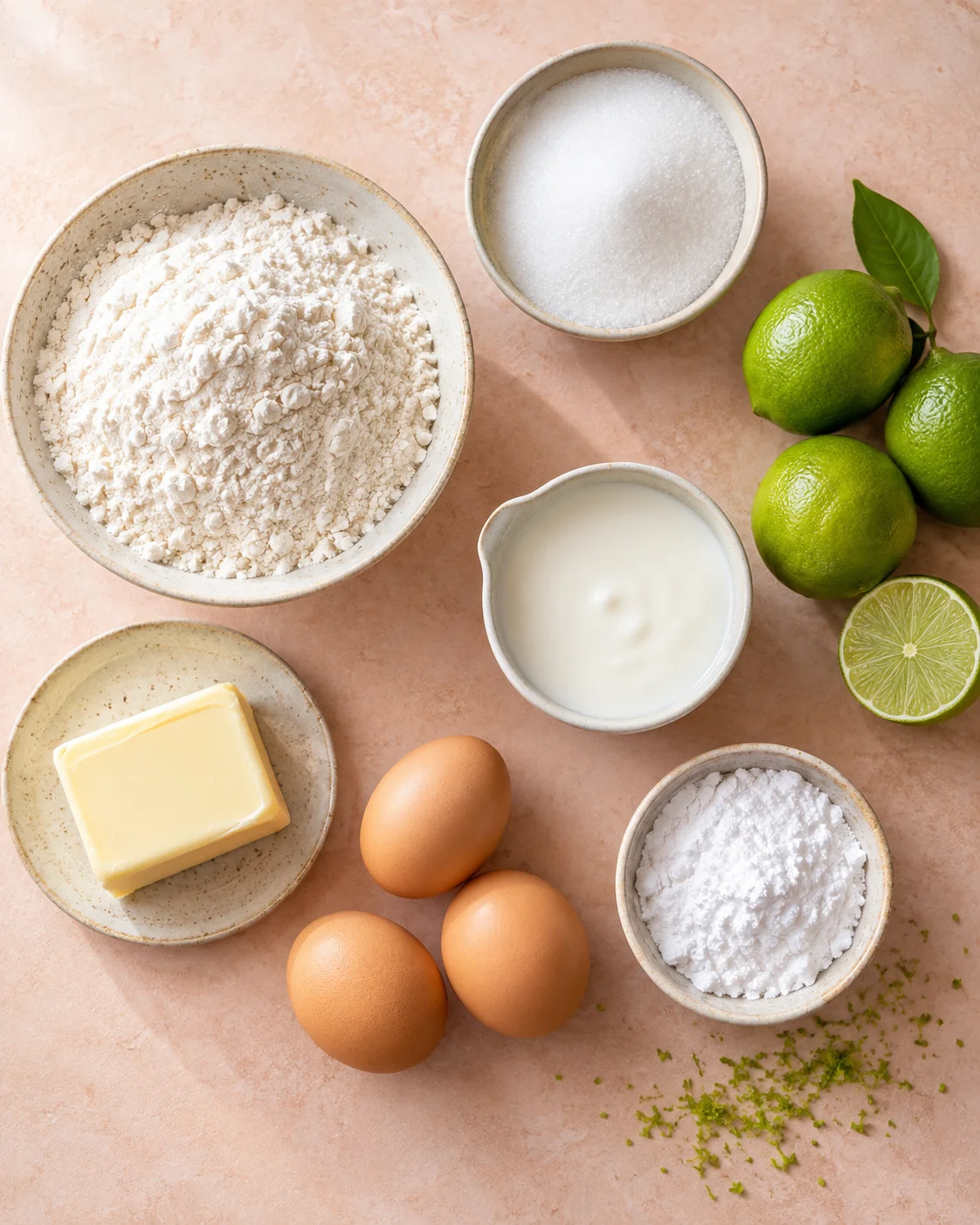 Top-down ingredients for lime cake including limes, flour, eggs, sugar, and yogurt