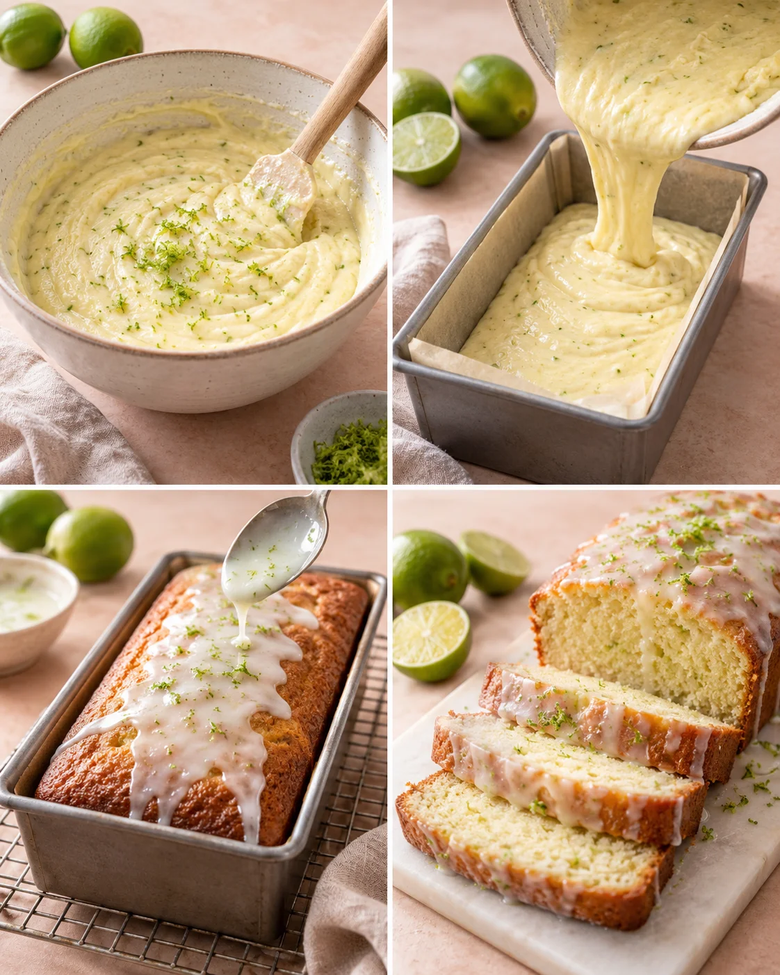 Four-step process showing zesting limes, mixing batter, baking cake, and glazing