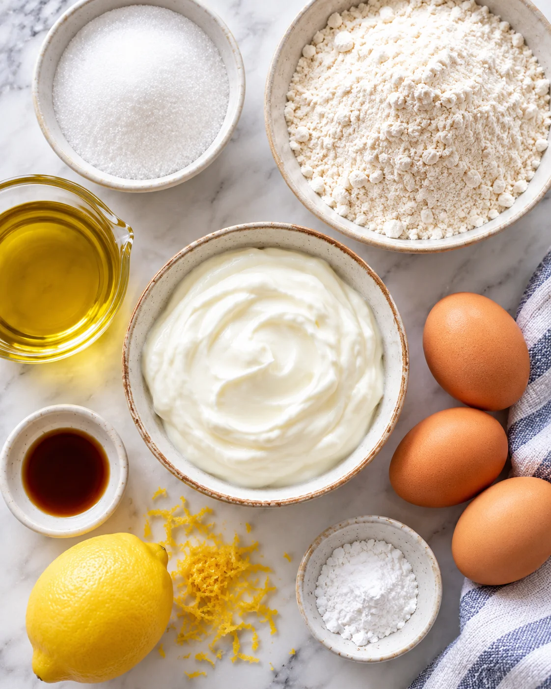 Top-down key ingredients for Greek Yogurt Cake Recipe (Easy, Moist, and No Mixer)