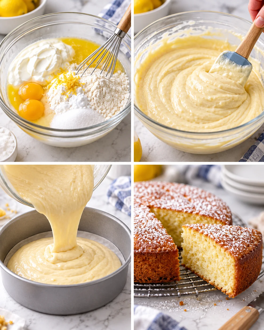 Four-step process showing how to prepare Greek Yogurt Cake Recipe (Easy, Moist, and No Mixer)