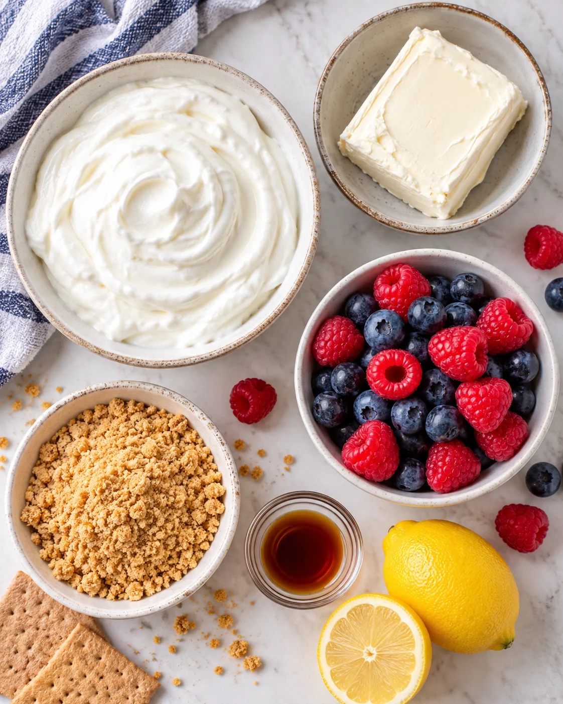 Top-down key ingredients for Greek Yogurt Cheesecake Pudding Recipe (1-Minute, No-Bake)