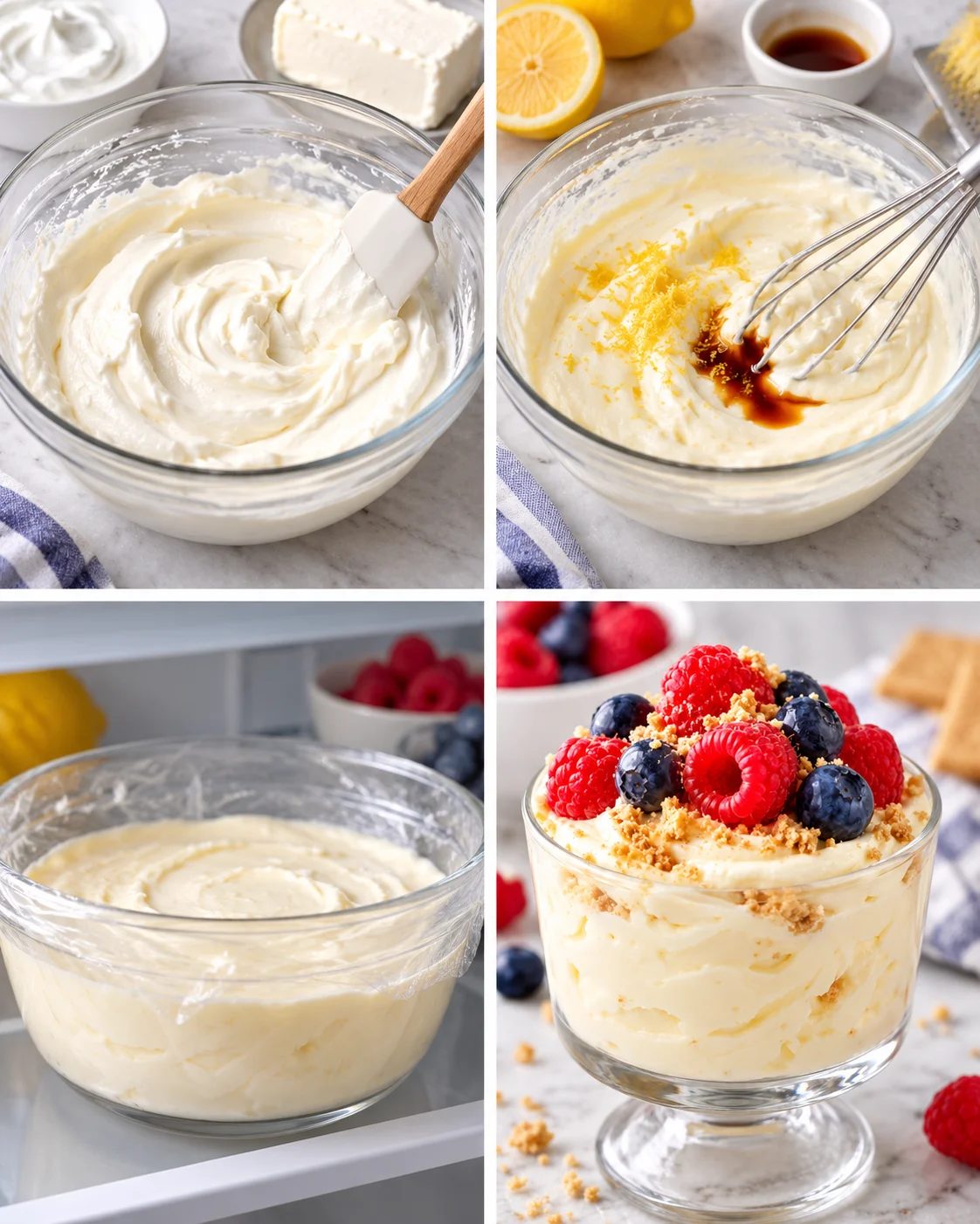 Four-step process showing how to prepare Greek Yogurt Cheesecake Pudding Recipe (1-Minute, No-Bake)