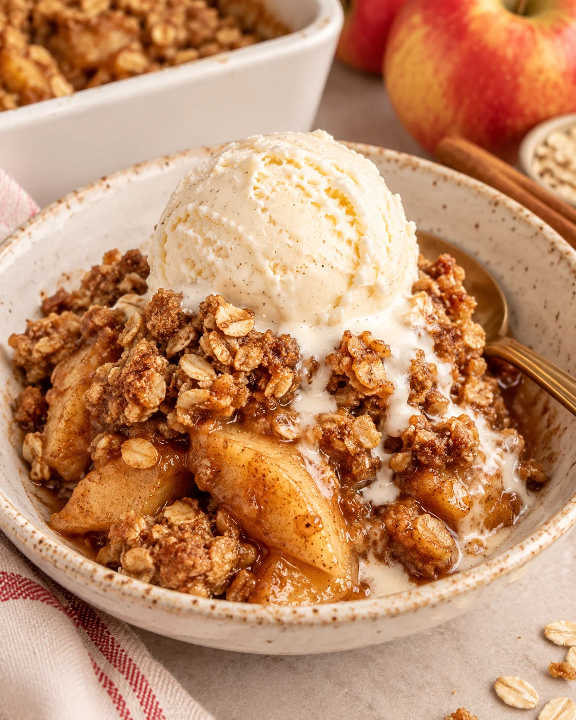 Alternate close-up serving of Healthy Apple Crisp Recipe with Oats