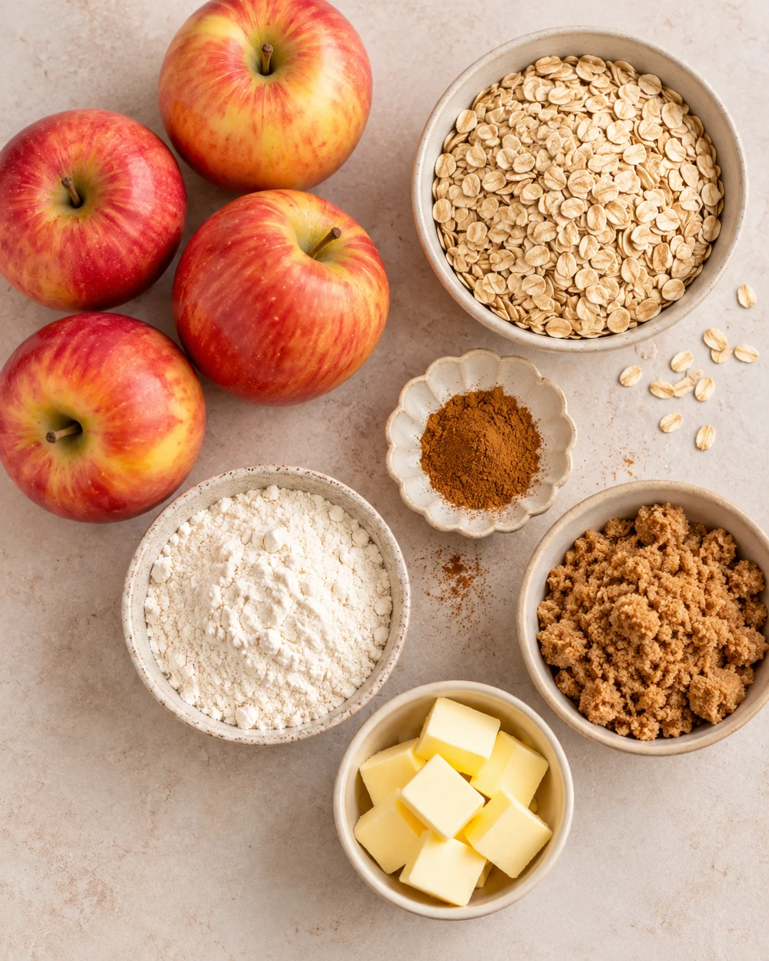Top-down key ingredients for Healthy Apple Crisp Recipe with Oats