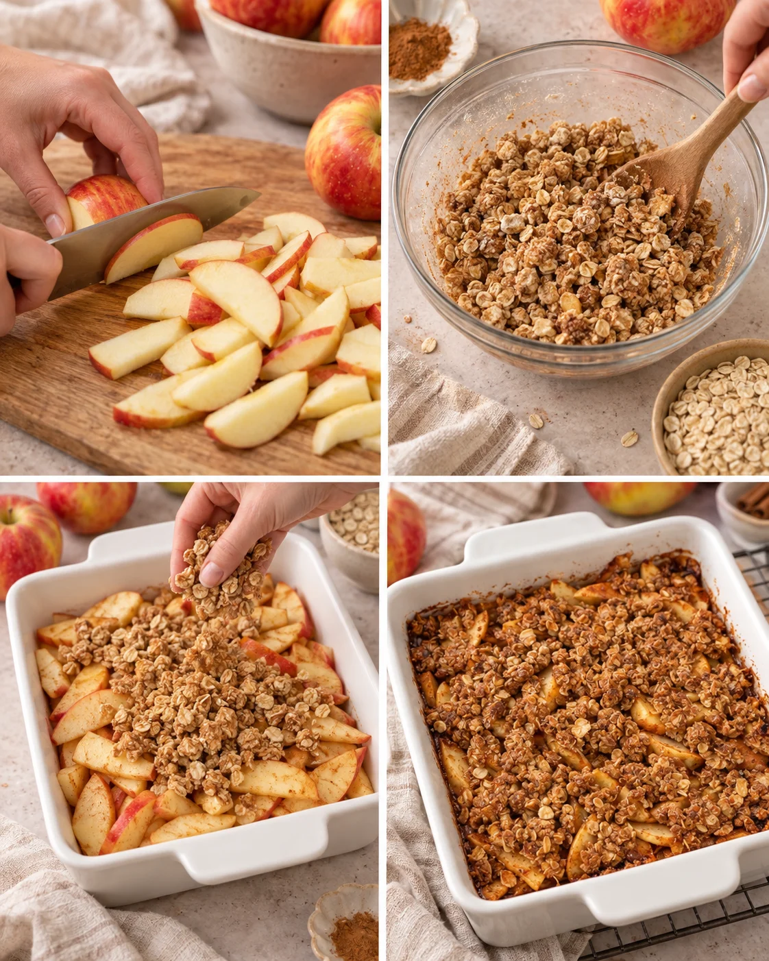 Four-step process showing how to prepare Healthy Apple Crisp Recipe with Oats
