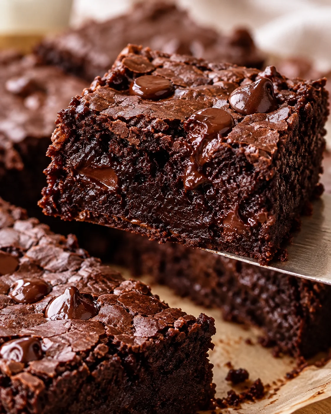 Alternate close-up of homemade healthy chocolate brownies showing a cut square