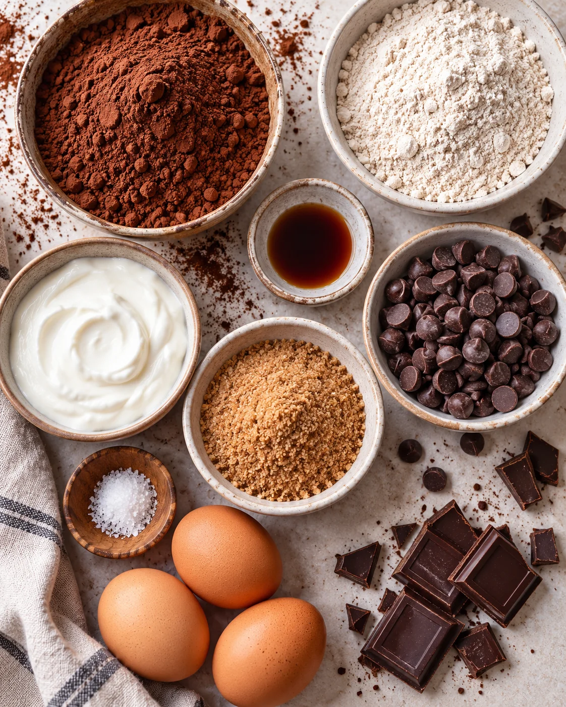 Top-down ingredients for healthy chocolate brownies including cocoa, flour, eggs, and dark chocolate