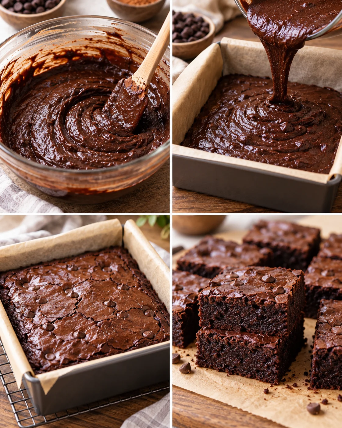Four-step process showing mixing brownie batter, filling a pan, baking, and slicing