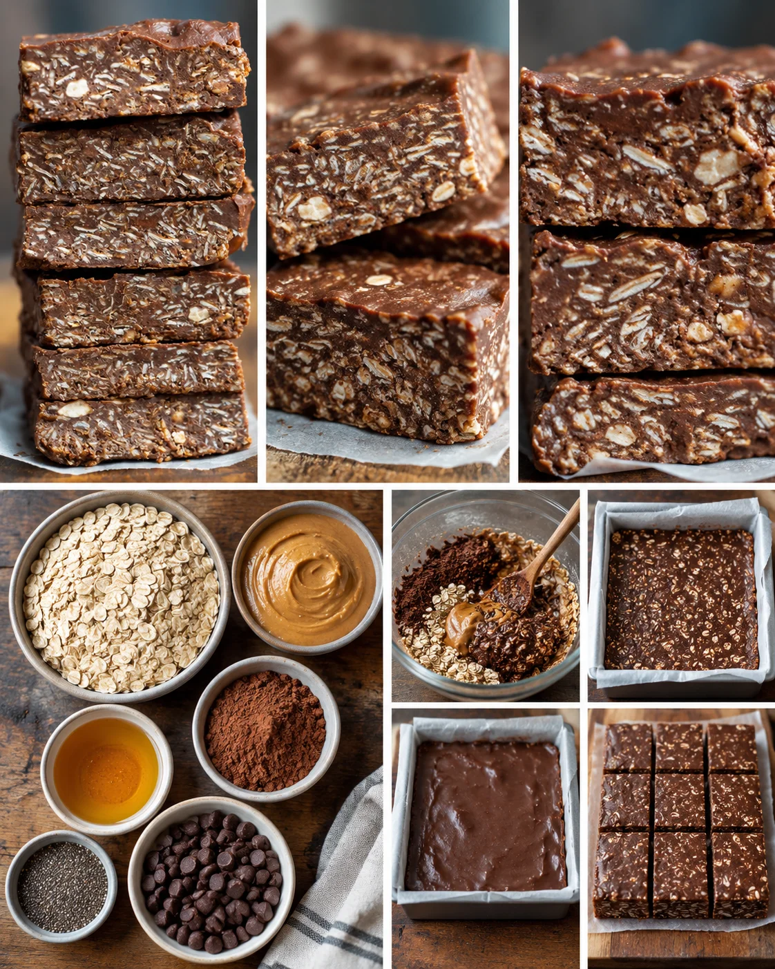 Alternate close-up of a cut chocolate oat bar showing its layered edge