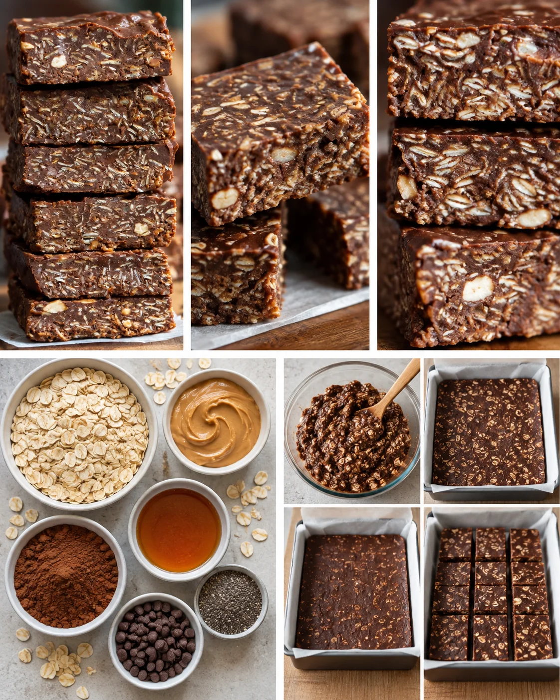 Texture close-up of the chewy oat and chocolate interior of a no-bake bar