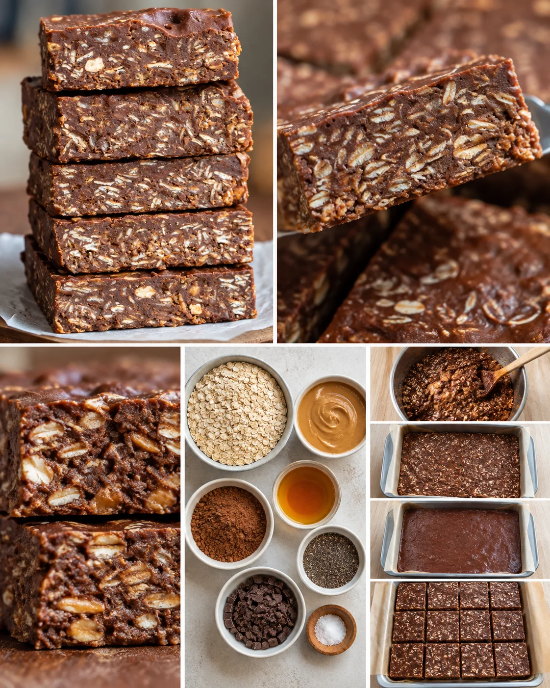 Top-down ingredients for chocolate oat bars including oats, cocoa, peanut butter, maple syrup, and coconut oil