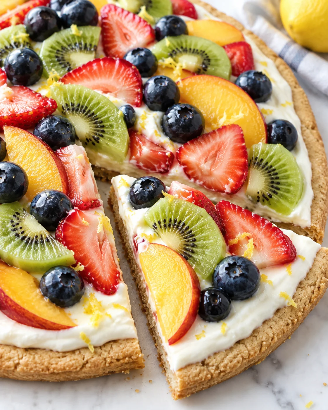 Alternate close-up serving of Healthy Fruit Pizza with a Lemony Greek Yogurt Filling