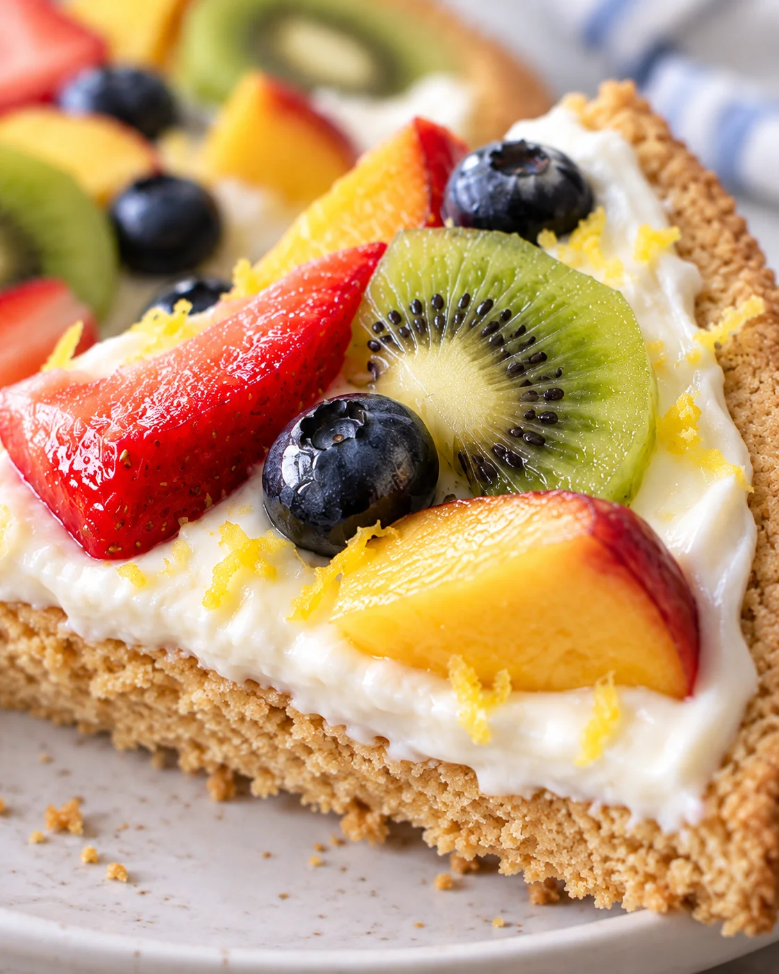 Texture detail showing the crumb and interior of Healthy Fruit Pizza with a Lemony Greek Yogurt Filling