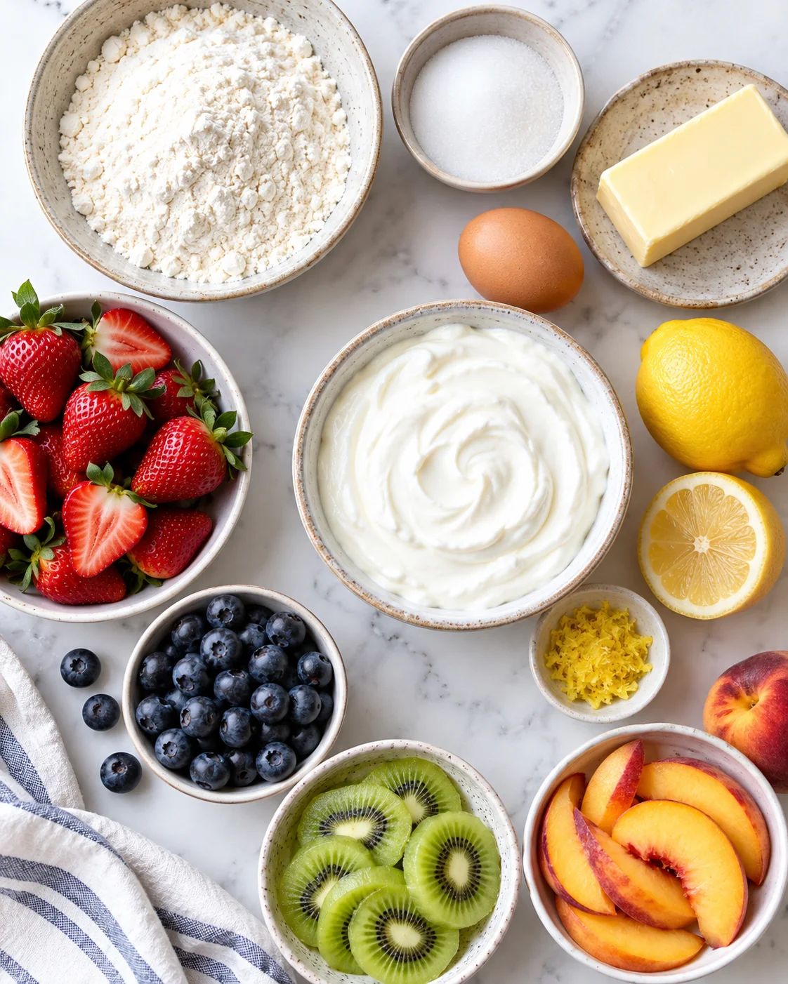 Top-down key ingredients for Healthy Fruit Pizza with a Lemony Greek Yogurt Filling