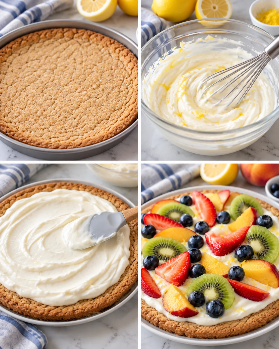 Four-step process showing how to prepare Healthy Fruit Pizza with a Lemony Greek Yogurt Filling