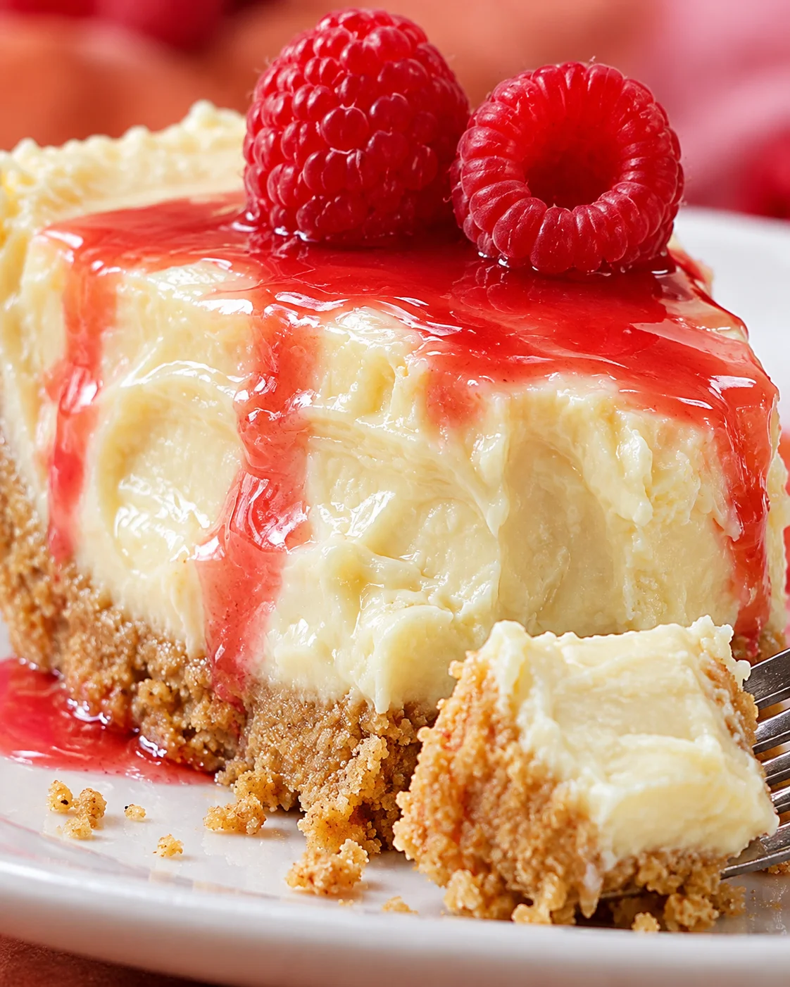 Texture close-up showing the smooth creamy cheesecake filling