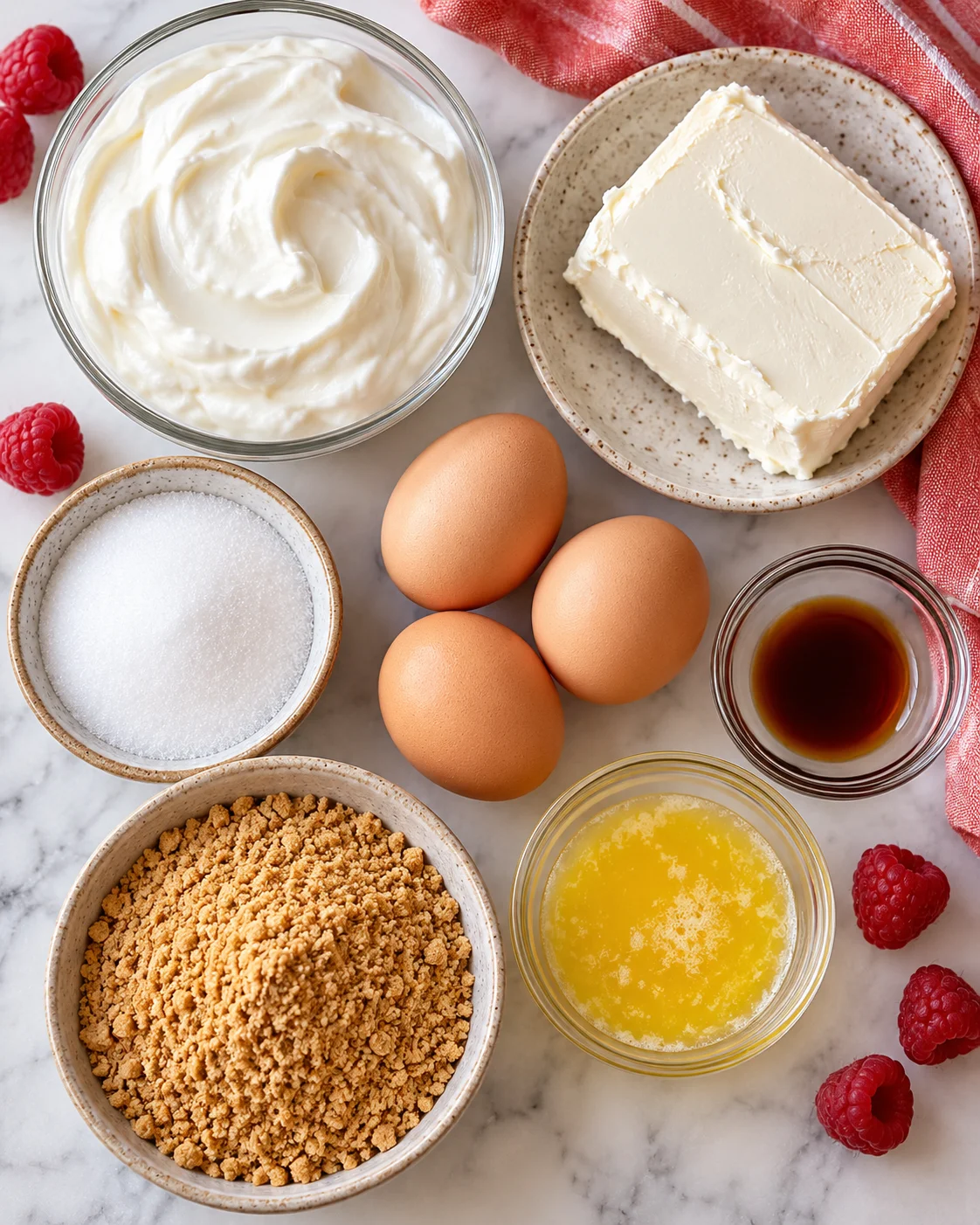 Top-down ingredients for Greek yogurt cheesecake including yogurt, cream cheese, lemon, and vanilla