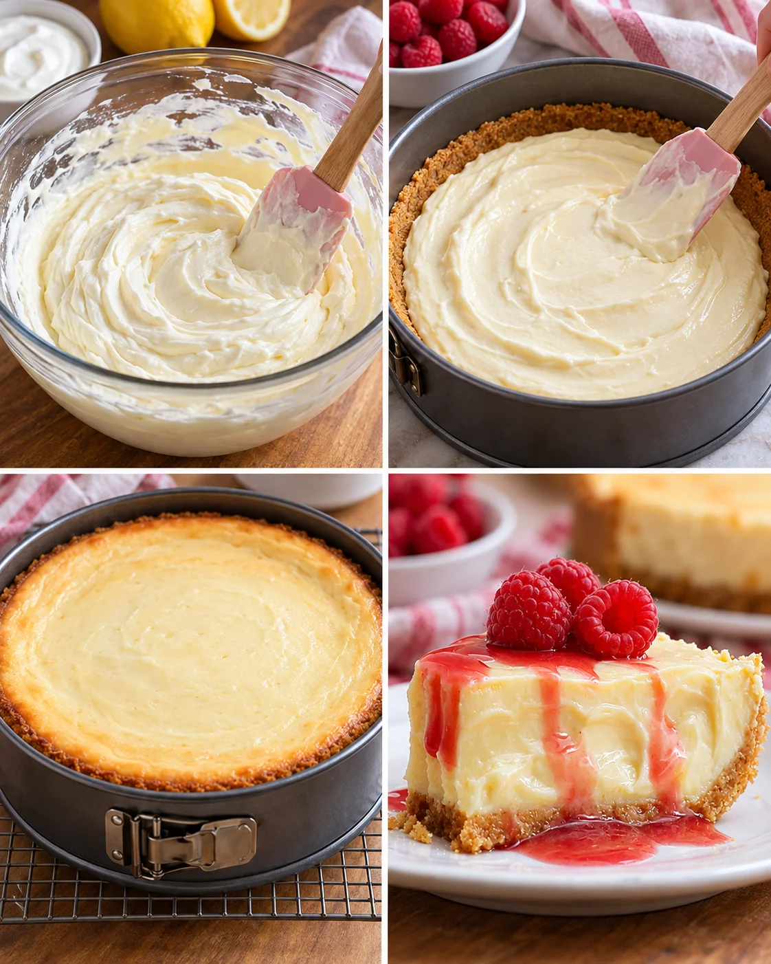 Four-step process showing blending filling, pouring crust, baking, and chilling cheesecake