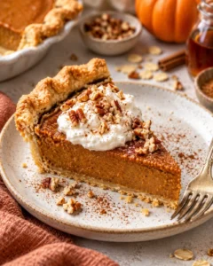 Alternate close-up serving of Healthy Pumpkin Pie (Creamy, Naturally Sweetened, and Dairy-Free)
