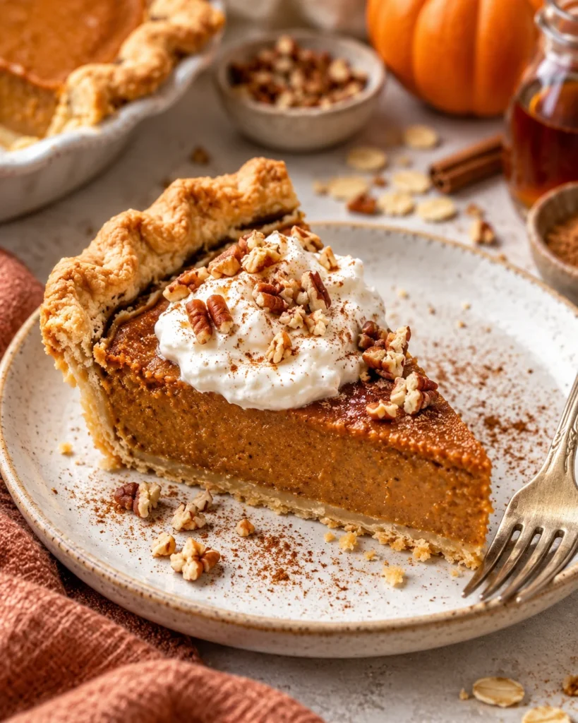 Alternate close-up serving of Healthy Pumpkin Pie (Creamy, Naturally Sweetened, and Dairy-Free)