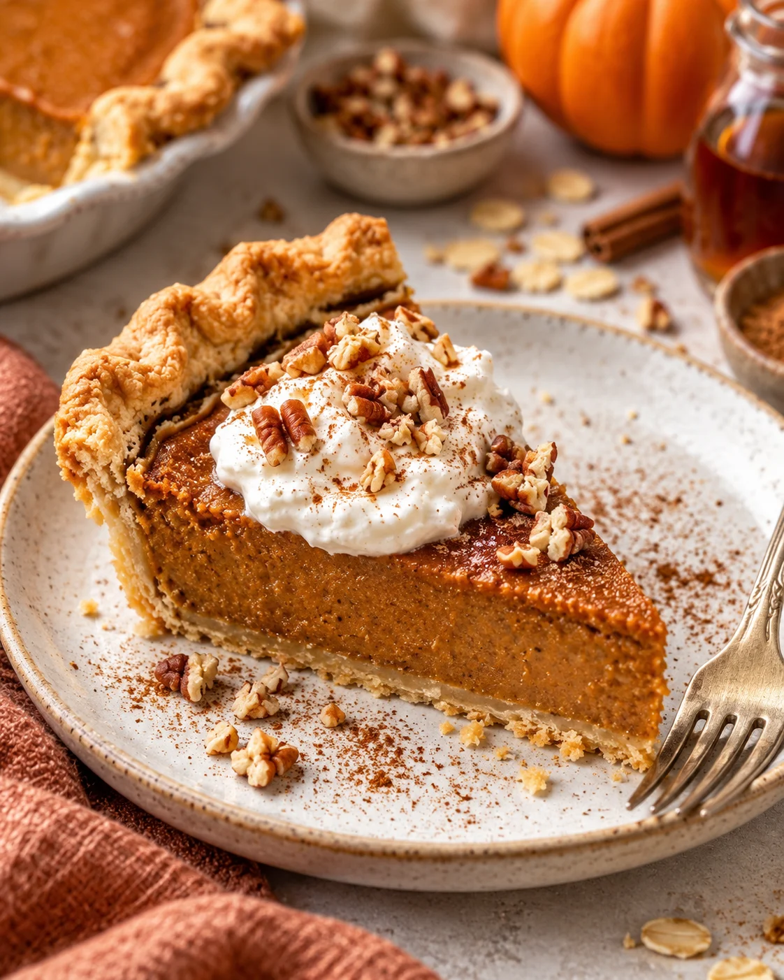 Alternate close-up serving of Healthy Pumpkin Pie (Creamy, Naturally Sweetened, and Dairy-Free)