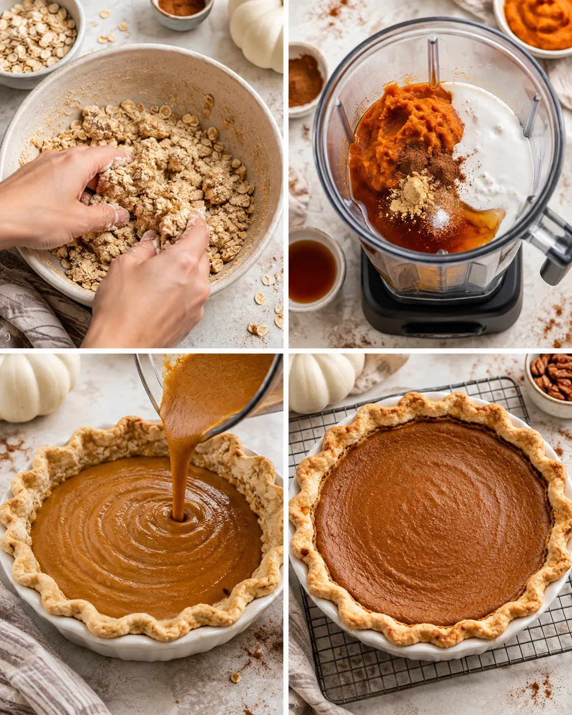 Four-step process showing how to prepare Healthy Pumpkin Pie (Creamy, Naturally Sweetened, and Dairy-Free)
