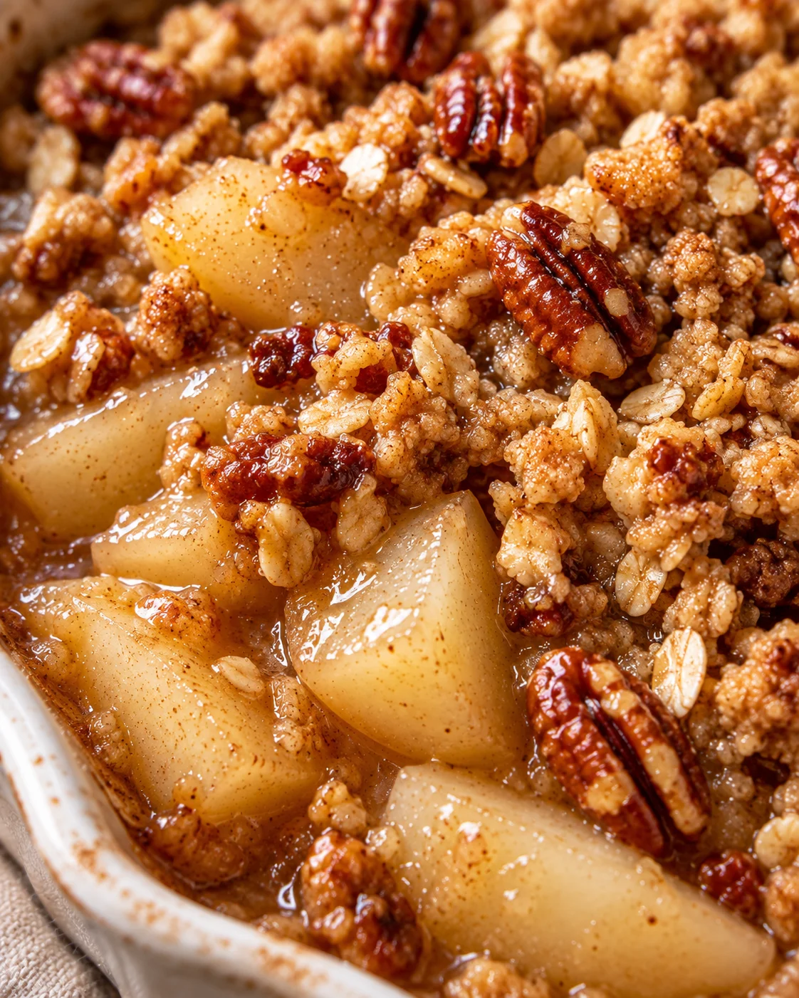 Texture detail showing the crumb and interior of Maple Pecan Pear Crisp
