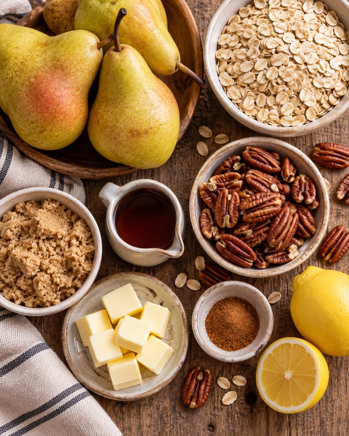 Top-down key ingredients for Maple Pecan Pear Crisp
