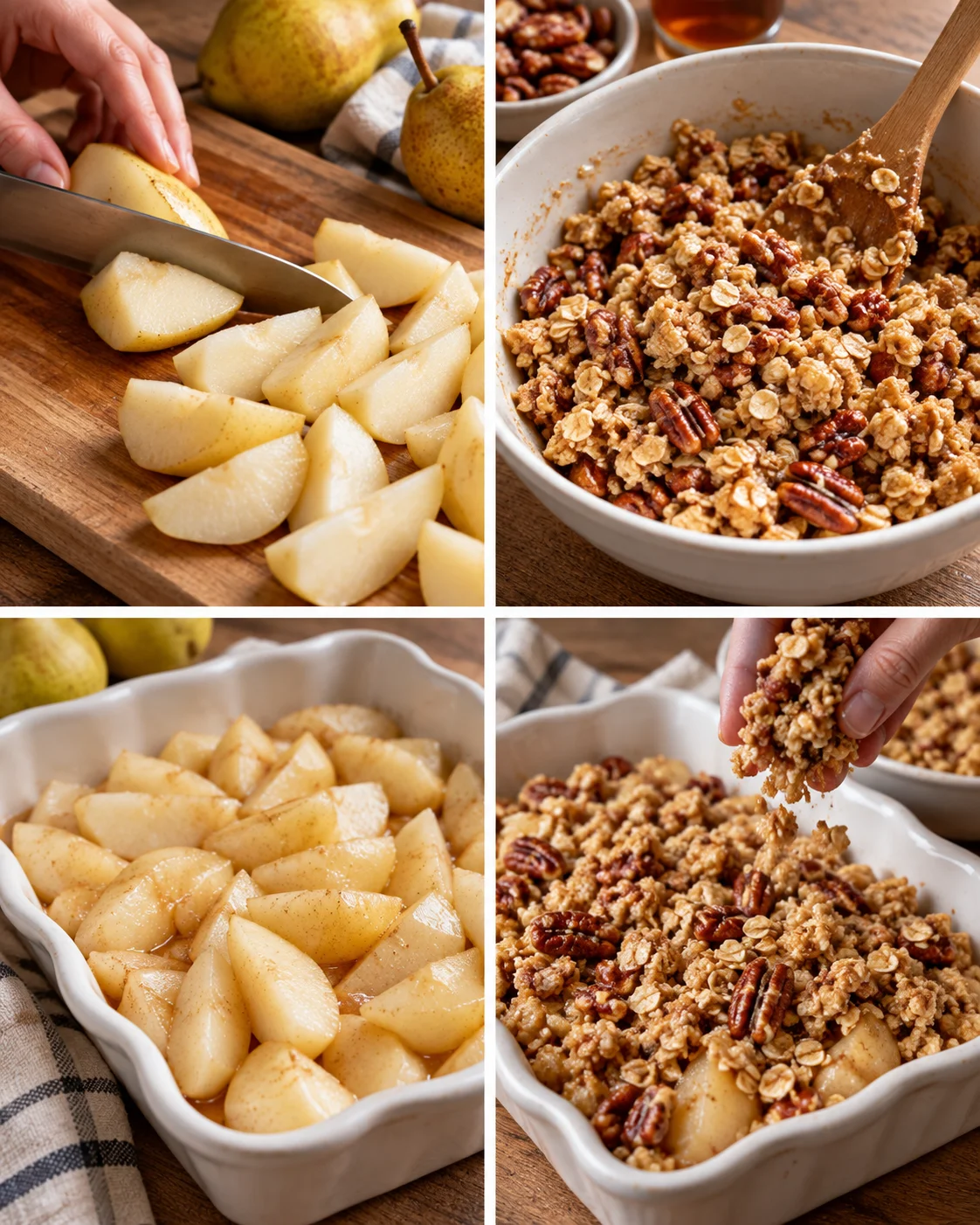 Four-step process showing how to prepare Maple Pecan Pear Crisp