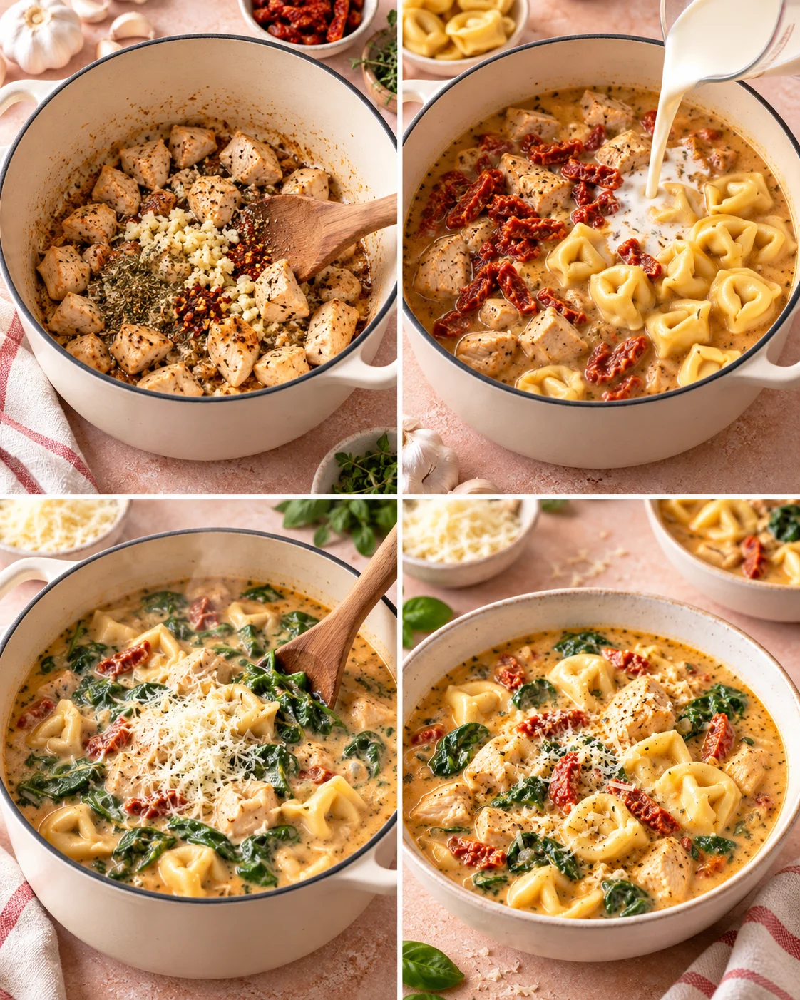 Four-step process showing how to prepare Marry Me Chicken Soup Recipe (Stovetop or Crockpot)