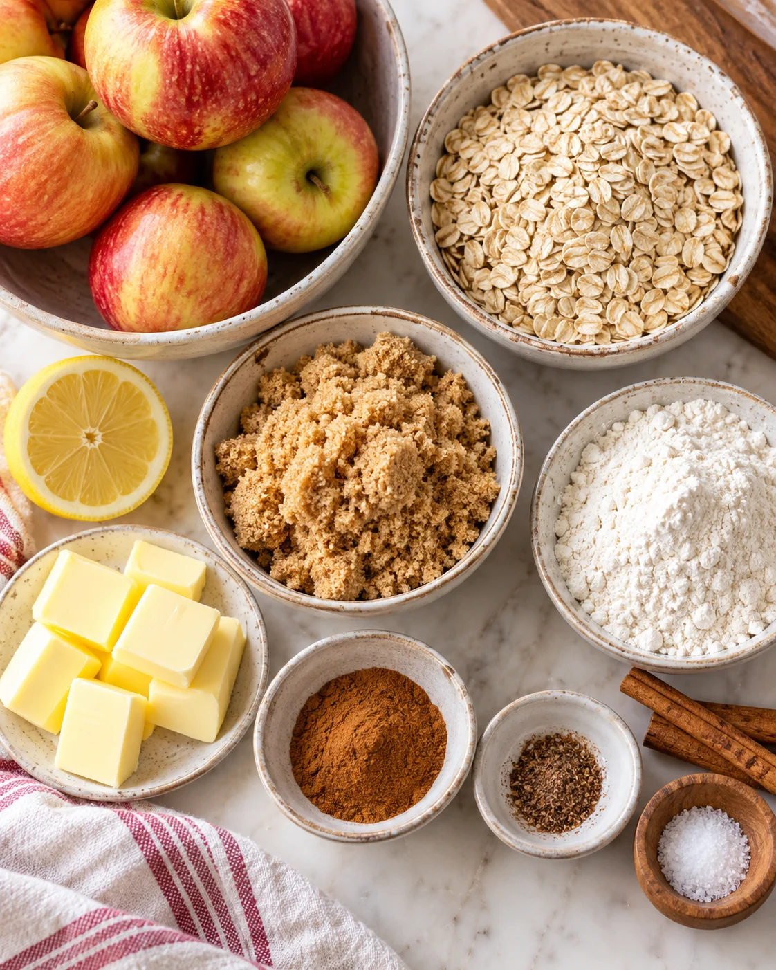 Top-down key ingredients for Old-Fashioned Apple Crisp with Oats