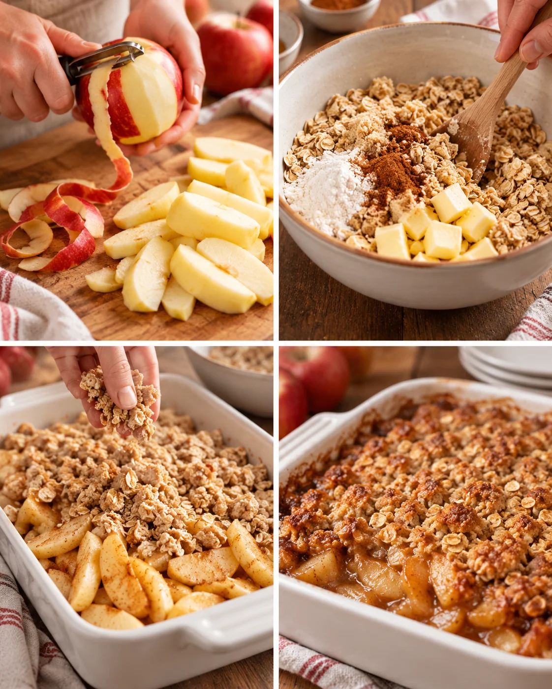Four-step process showing how to prepare Old-Fashioned Apple Crisp with Oats