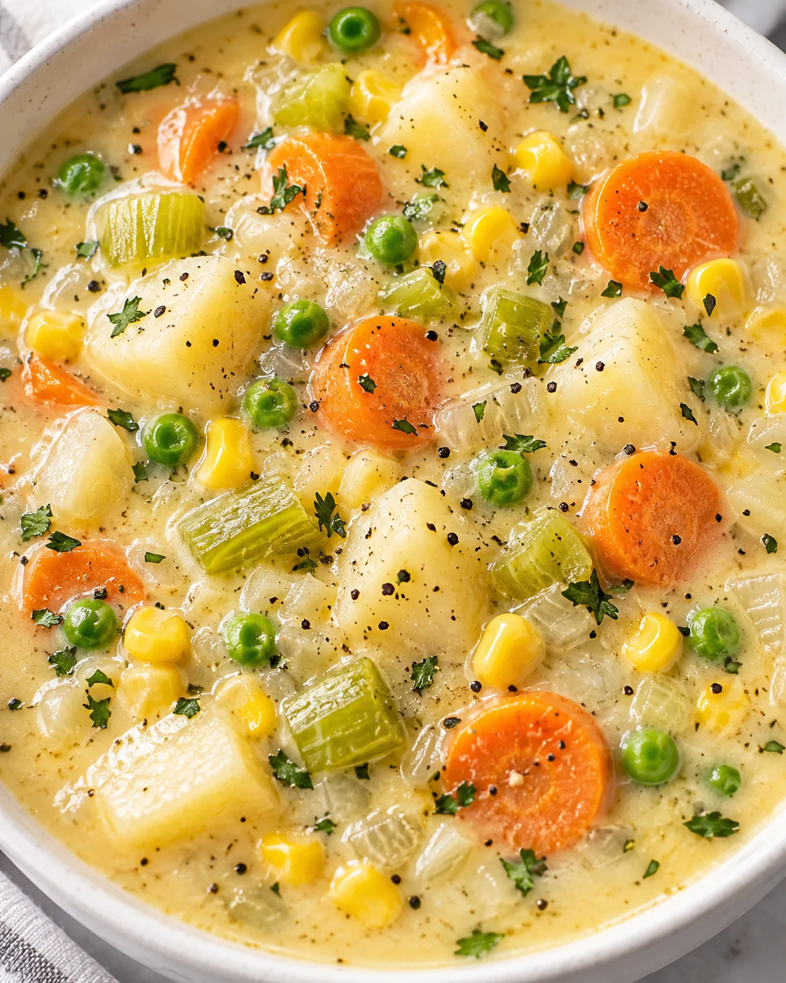 Texture detail showing the creamy broth and tender vegetables of One Pot Creamy Vegetable Soup