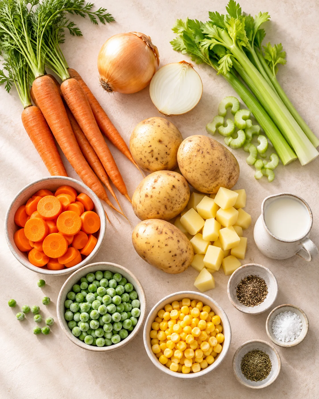 Top-down key ingredients for One Pot Creamy Vegetable Soup