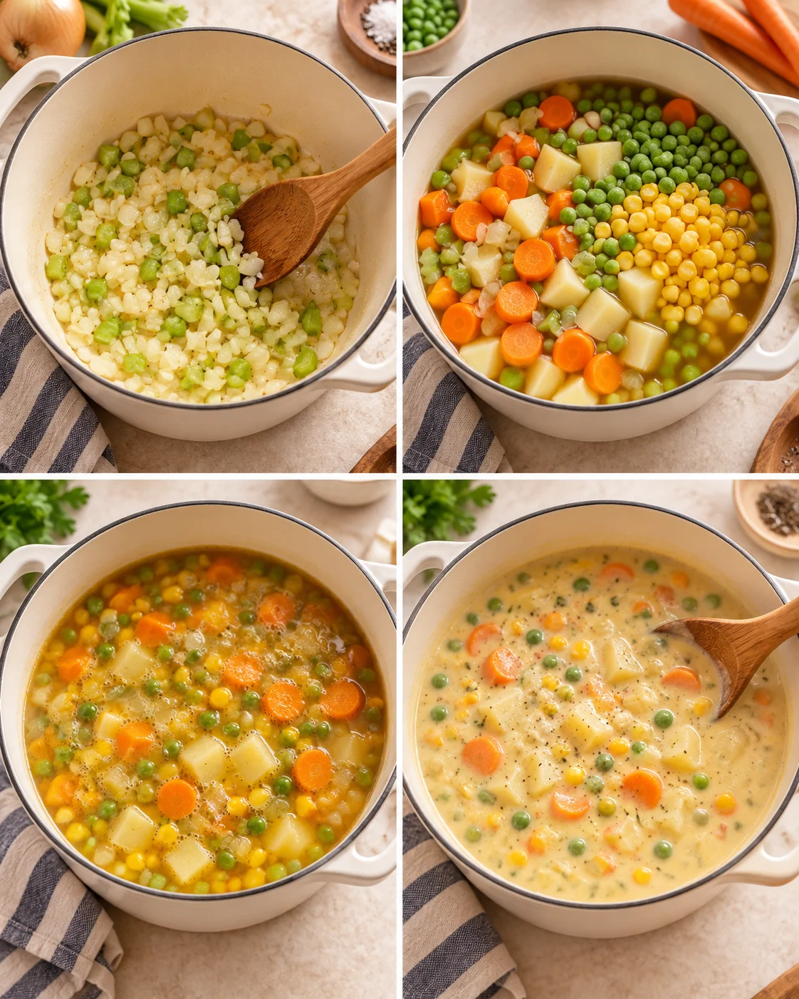 Four-step process showing how to prepare One Pot Creamy Vegetable Soup