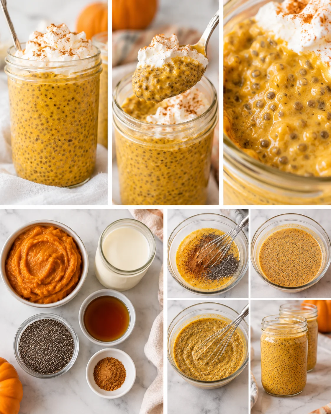 Top-down ingredients for pumpkin chia pudding including pumpkin puree, chia seeds, milk, maple syrup, and pumpkin spice