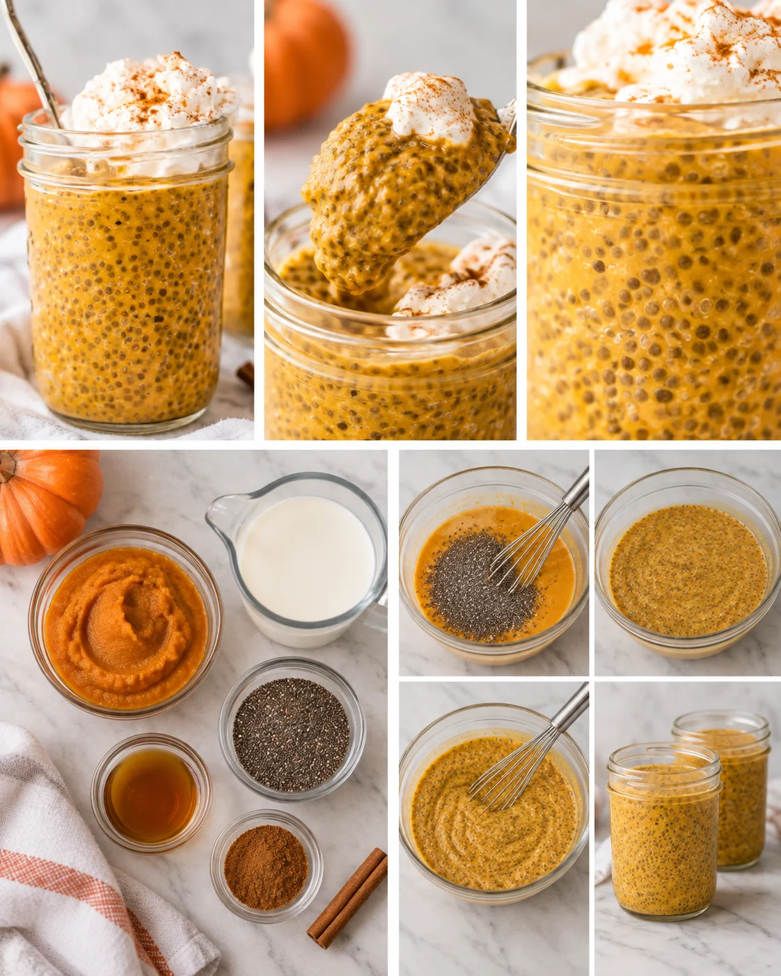 Four-step process showing whisking the mixture, adding chia seeds, chilling to set, and portioning