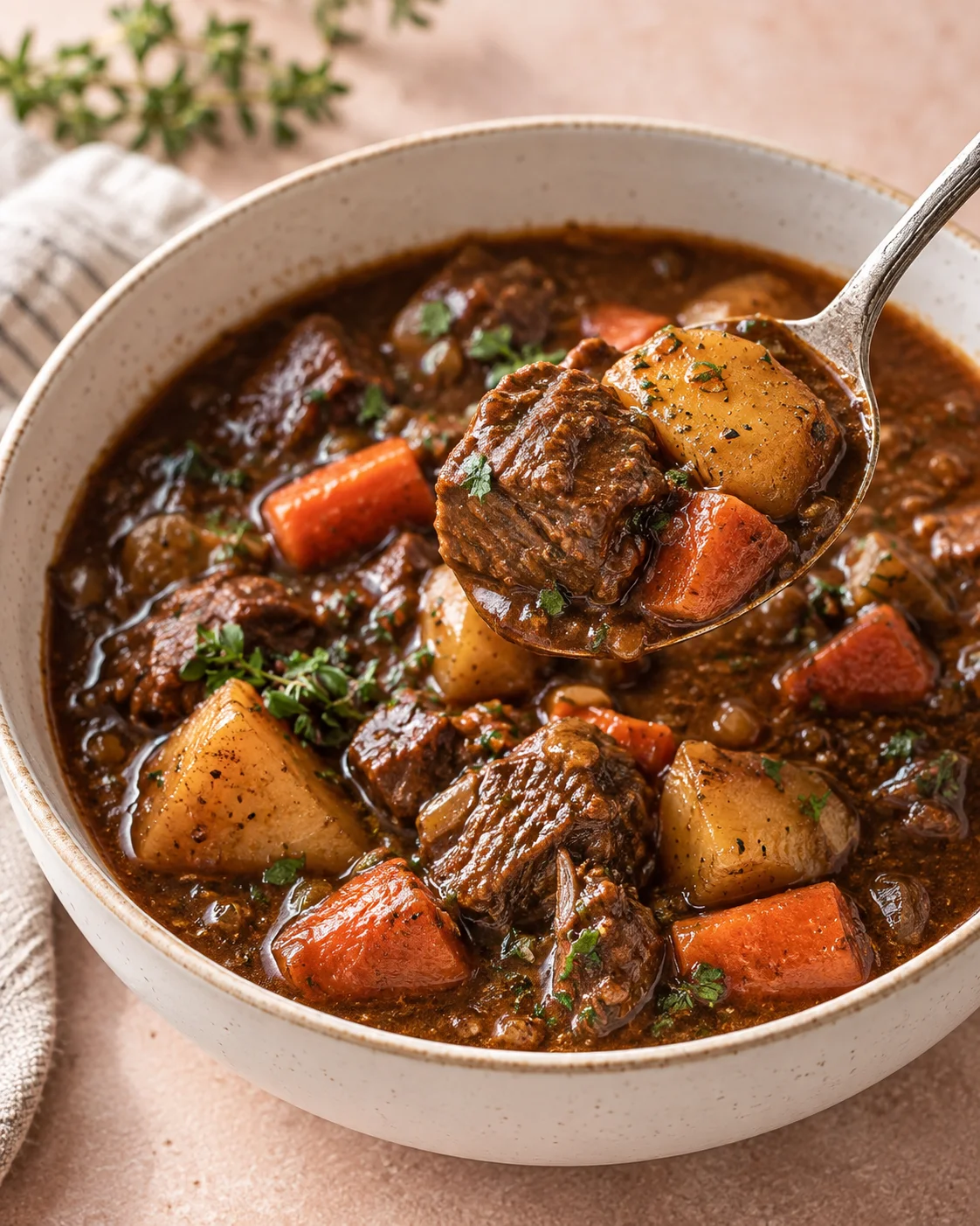 Alternate close-up serving of Slow Cooker Guinness Beef Stew Recipe
