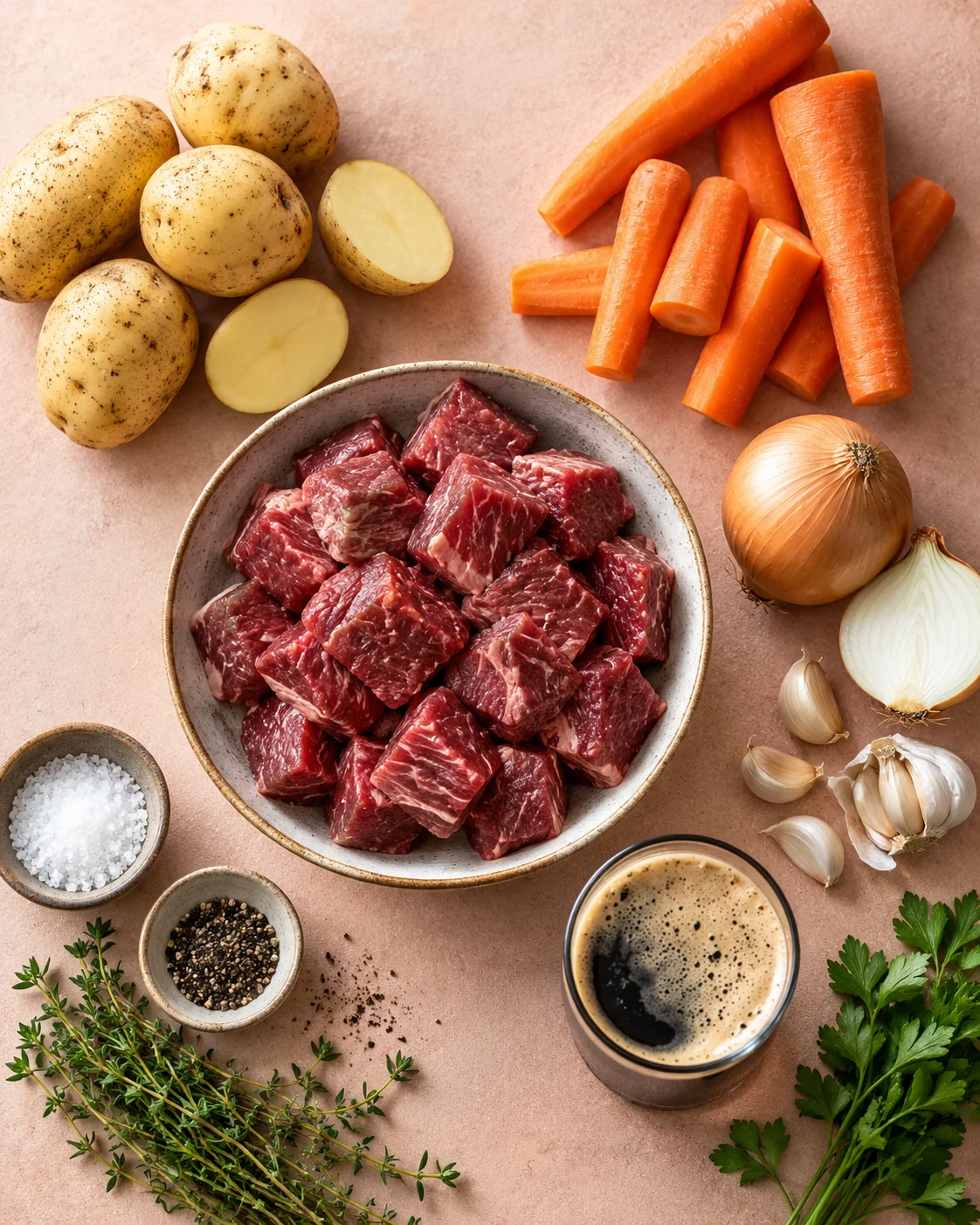 Top-down key ingredients for Slow Cooker Guinness Beef Stew Recipe