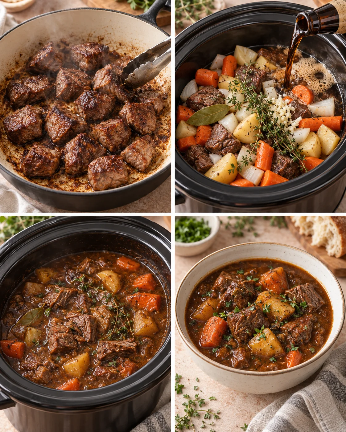 Four-step process showing how to prepare Slow Cooker Guinness Beef Stew Recipe