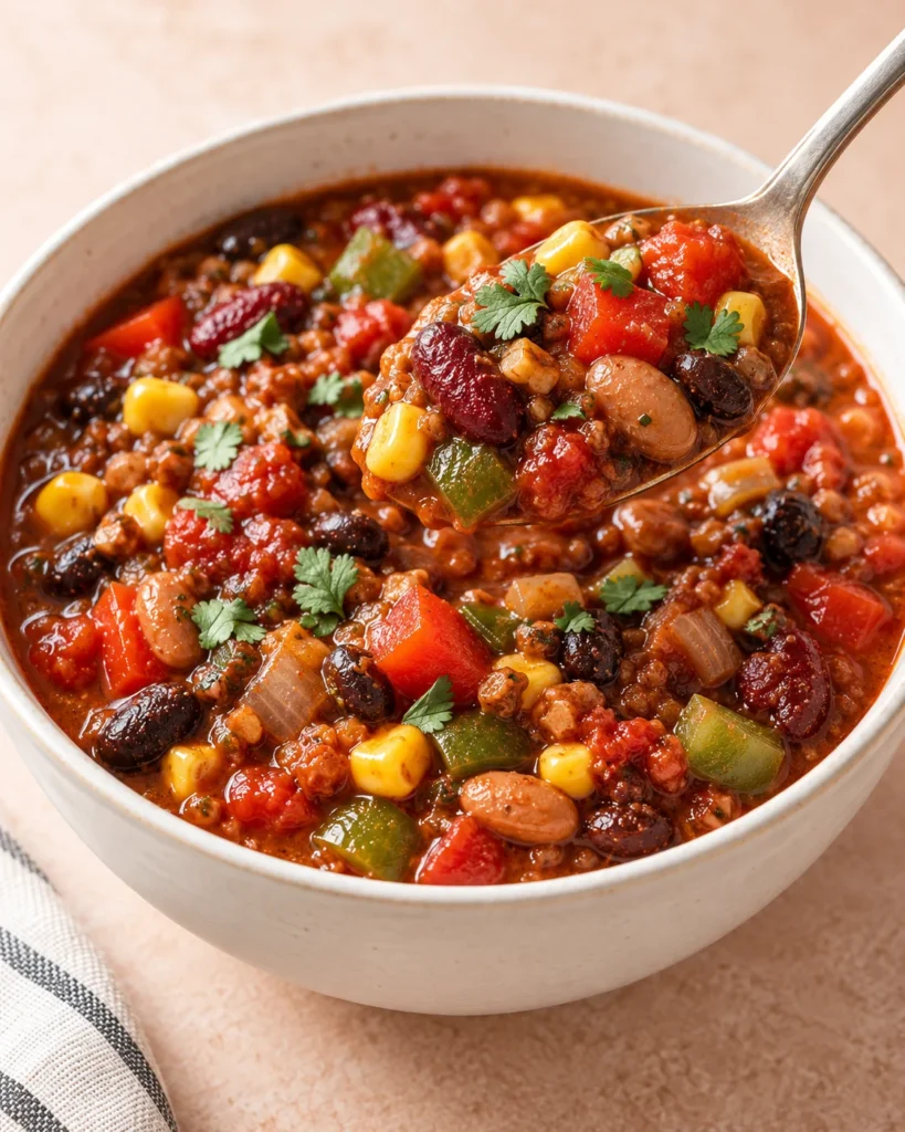 Alternate close-up serving of Slow Cooker Vegetarian Chili Recipe (Three-Bean Chili)