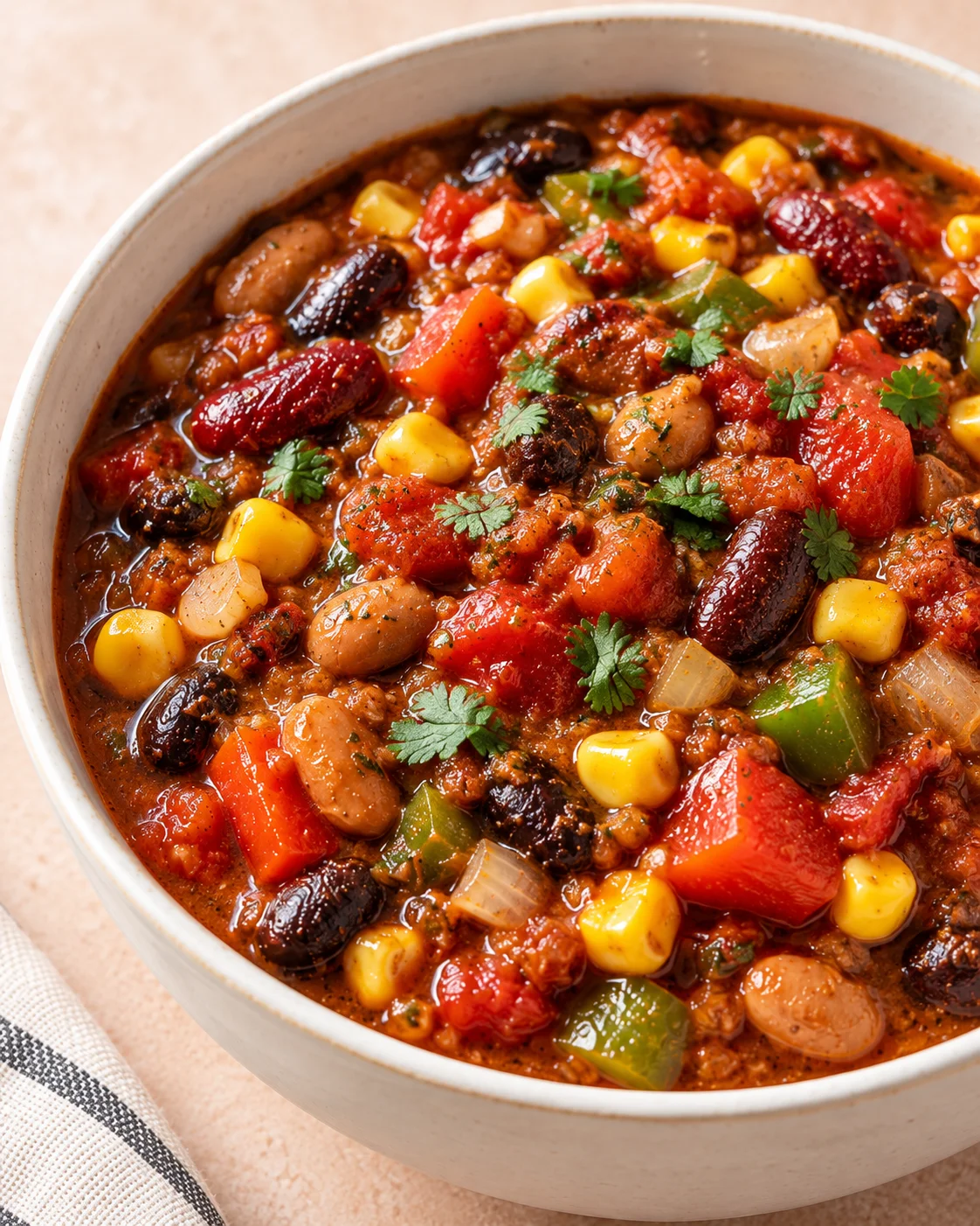 Texture detail showing the crumb and interior of Slow Cooker Vegetarian Chili Recipe (Three-Bean Chili)